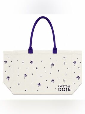 Everyday Dose Mushroom Coffee Promo Cream Canvas Tote with Purple Handles
